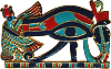 broche plaqu&eacute;e or et &eacute;mail cloisonn&eacute; : oeil d'Horus (Oudjat), vautour (d&eacute;esse Nekhbet) et cobra femelle (Uraeus)
