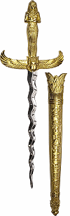 dague flamboyante d'inspiration &eacute;gyptienne (pharaon en position osiriaque, scarab&eacute;e ail&eacute;, fourreau richement d&eacute;cor&eacute;)