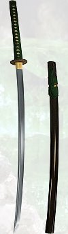 katana ''Fleur d'&eacute;meraude'' (forge Soshu Kitae, aciers 1060 et 1045, v&eacute;ritable hamon ; ito et sageo vert sombre ; koiguchi, kojiri et kurikata en corne de buffle)