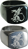 bague en acier inoxydable grav&eacute;e : dragon m&eacute;di&eacute;val