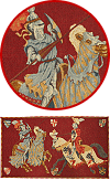 tapisserie m&eacute;di&eacute;vale (reproduction) : joute &eacute;questre (tournoi de chevaliers ; 46 x 82 cm)