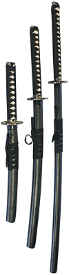 katana, wakizashi, tanto noirs et dragon dor&eacute; (ensemble avec support en bois noir)
