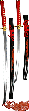daisho Dragon rouge (katana et wakizashi, ensemble de d&eacute;coration, fourreau noir et rouge d&eacute;cor&eacute; avec le dragon c&eacute;leste Tianlong (Tien-long))