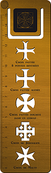 marque-pages gradu&eacute; (r&egrave;gle) 15 cm et formographe, bronze bross&eacute; et noir : croix des ordres de chevalerie (formes d&eacute;coup&eacute;es permettant de dessiner les croix avec un crayon)