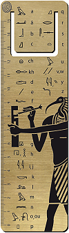 Thot et alphabet &eacute;gyptien, marque-pages gradu&eacute; (r&egrave;gle) 15 cm, or bross&eacute; et noir