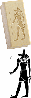 tampons encreurs sur support bois : dieux &eacute;gyptiens (Anubis, Horus (2 versions), Hathor, Isis, Ma&acirc;t (2 versions), Nephtys, Osiris, R&ecirc;-Horakhty, Thot et Seth)