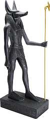 statuette du dieu Anubis tenant un sceptre Ouas et une Ankh (cl&eacute; de vie), finition noire, aspect basalt